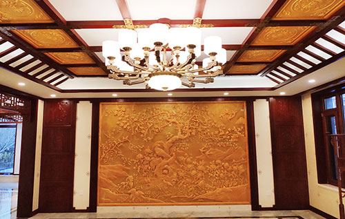 台州中式别墅客厅中式木作横梁吊顶装饰展示