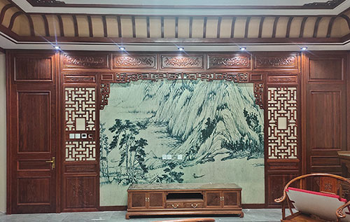 台州中式仿古别墅客厅背景墙花格木作装饰